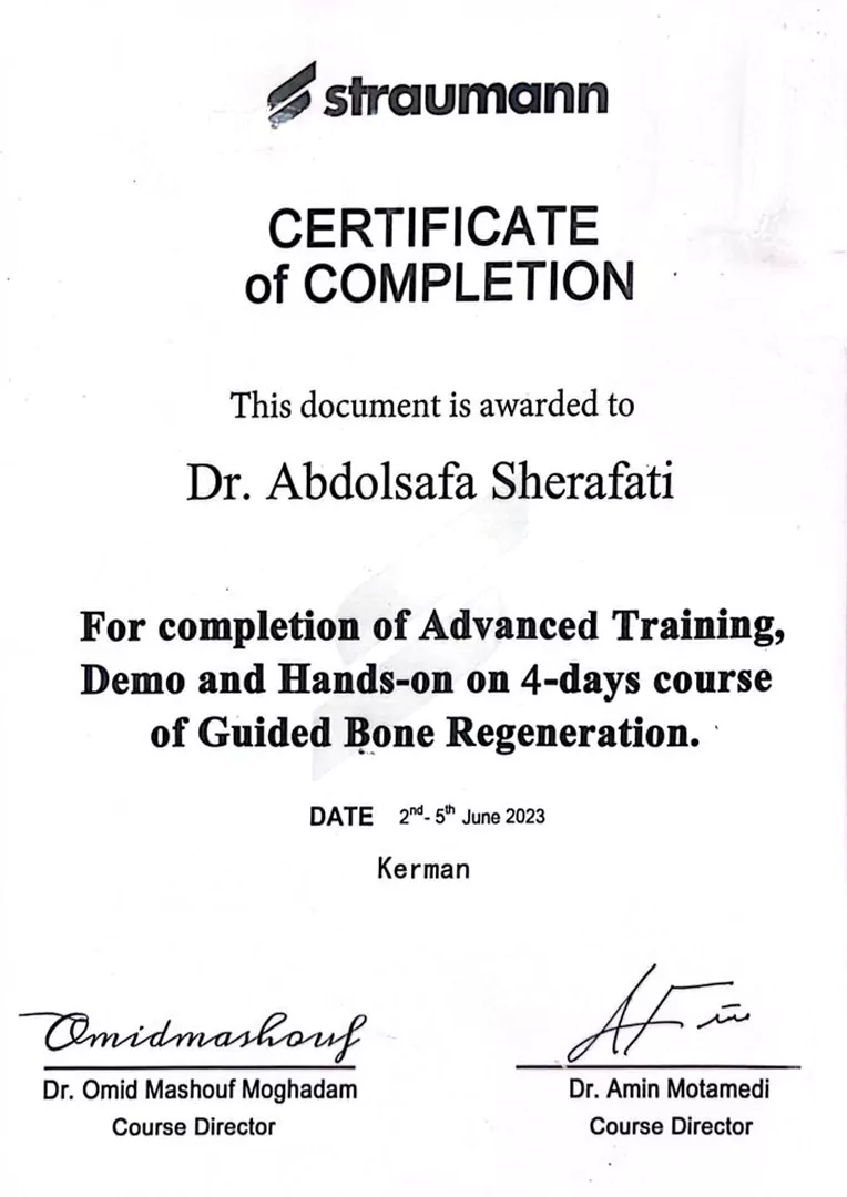 Certificate of Completion – Advanced Training, Demo and Hands-on 4-Day Course of Guided Bone Regeneration