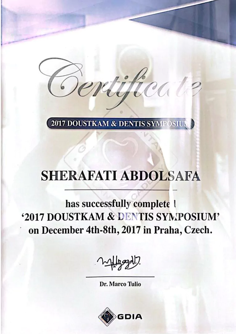 Certificate – 2017 DOUSTKAM & DENTIS Symposium