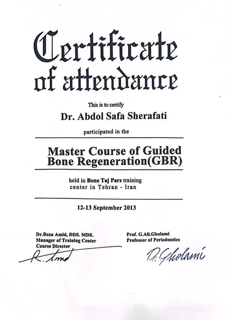 Certificate of Attendance – Master Course of Guided Bone Regeneration (GBR)