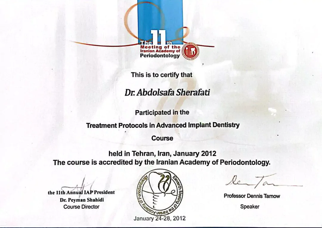 Certificate of Participation – Treatment Protocols in Advanced Implant Dentistry